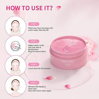 BREYLEE Rose Eye Mask - 60 Pcs Under Eye Treatment for Puffy Eyes, Wrinkles, Dark Circles and Fine Lines (Rose)